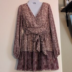 Japna Mauve Floral Wrap Long Sleeve Dress